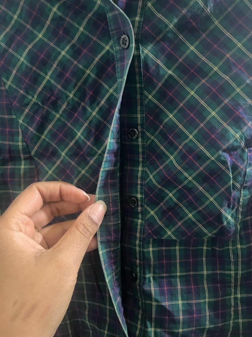 Patrizia Pepe Green and Navy Plaid Button-Down Shirt - Picture 4 of 4